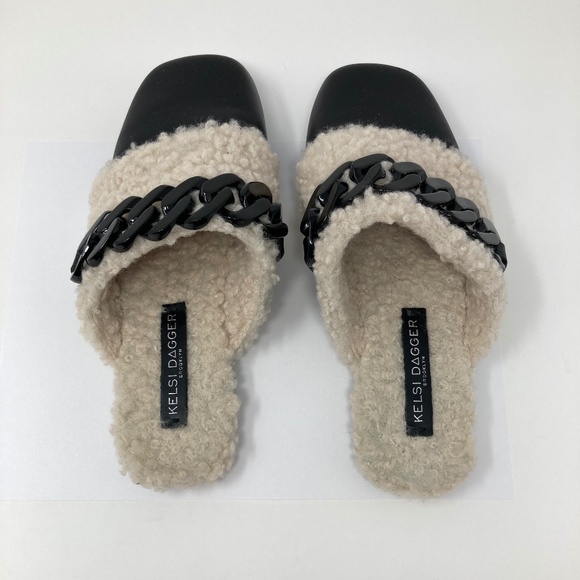Kelsi Dagger Brooklyn Black and Cream Leather Chain Fur Mule Size 6.5 - Picture 3 of 5